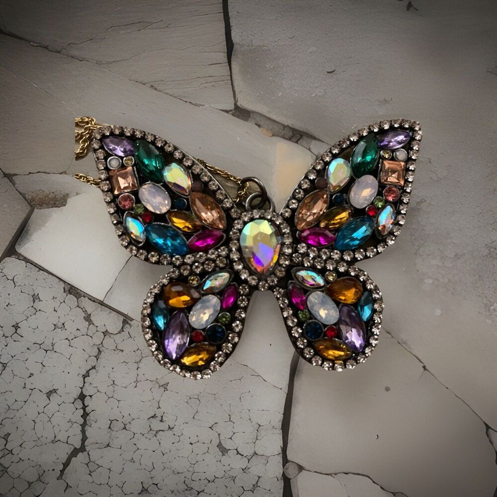 Butterfly multicolor pendant necklace statement glass metal jewelry
